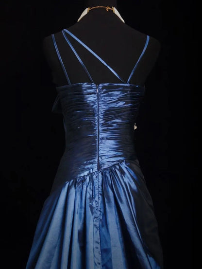 formaldressy-Navy Blue Satin Spaghetti Straps Floor-Length Sequin Beaded Big Bow Evening Gown gh6305