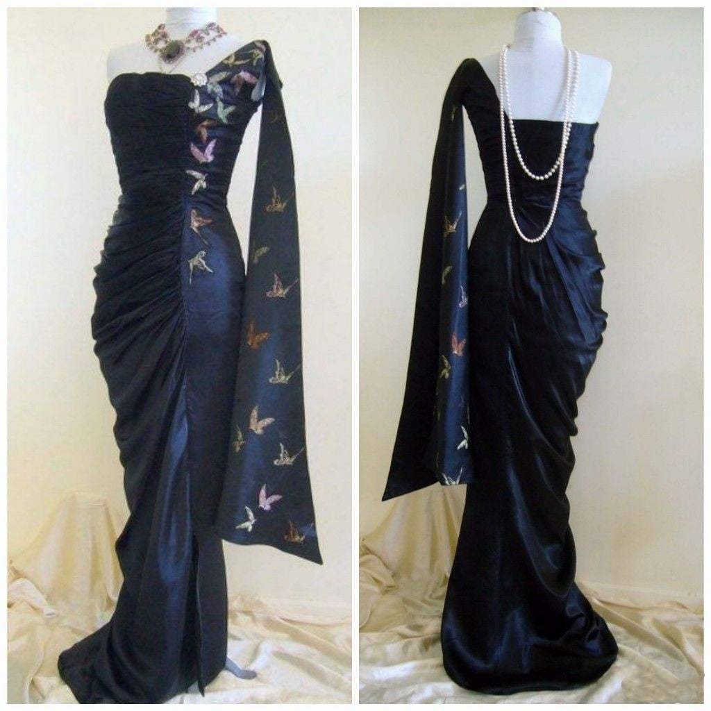 formaldressy-Navy Blue Butterfly Long Satin Fashion One Shoulder Floor Length  Prom Dress Evening Dress Graduation Dress gh5197