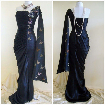 formaldressy-Navy Blue Butterfly Long Satin Fashion One Shoulder Floor Length  Prom Dress Evening Dress Graduation Dress gh5197