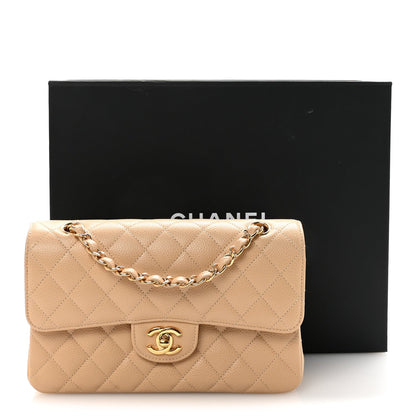 Caviar Quilted Small Double Flap Beige