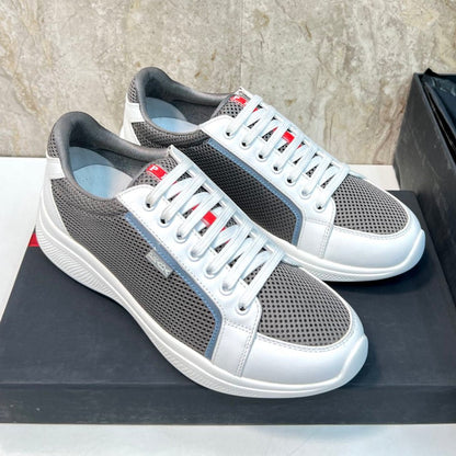 PRA SNEAKER WHITE CALFSKIN AND WOOD BROWN MESH FABRIC
