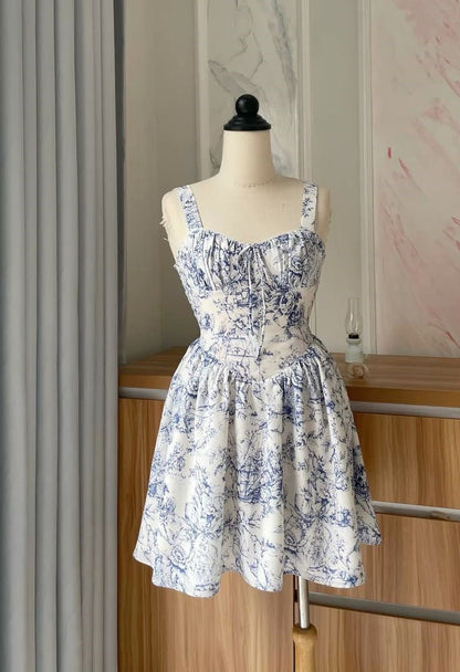 formaldressy-- Blue floral elegant short chiffon homecoming dress for women girls garden party dress blue and white porcelain gh5718