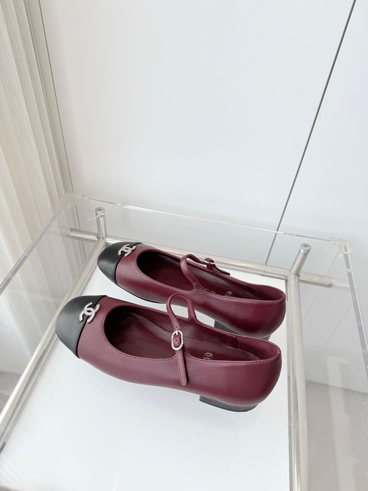 Chanel 26 MaryJane Shoes Burgundy Black Lambskin 597383