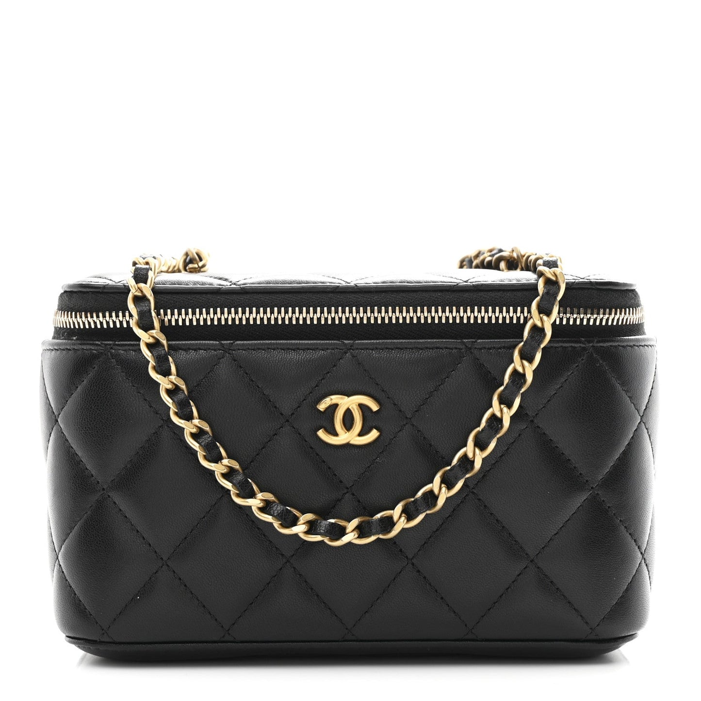 Lambskin Quilted Pearl Crush Small Vanity Case With Chain Black