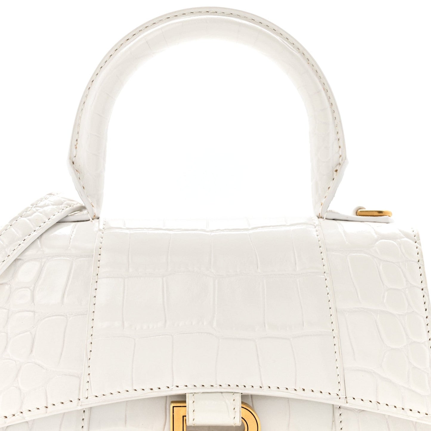 Shiny Calfskin Crocodile Embossed Hourglass Top Handle Bag XS White