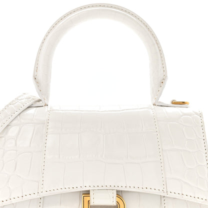 Shiny Calfskin Crocodile Embossed Hourglass Top Handle Bag XS White