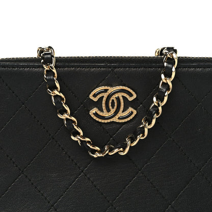 Goatskin Enamel Quilted Small Clutch With Chain Black