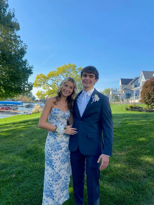 Spaghetti Straps Prom Dresses formal gowns Blue and White Prom Dress