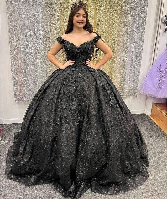 Shiny Black Quinceanera Off Shoulder Dress Sweet 15 16 Party Ball Gown Prom Dress