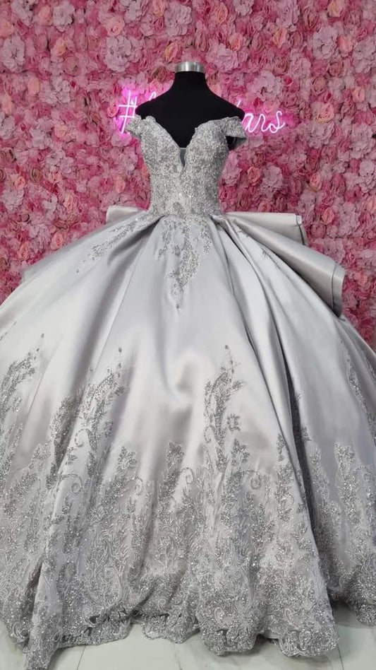 Silver Off Shoulder Ruffled Back Ball Gown Prom Dress Appliqué Beads Sweet 16th Dress