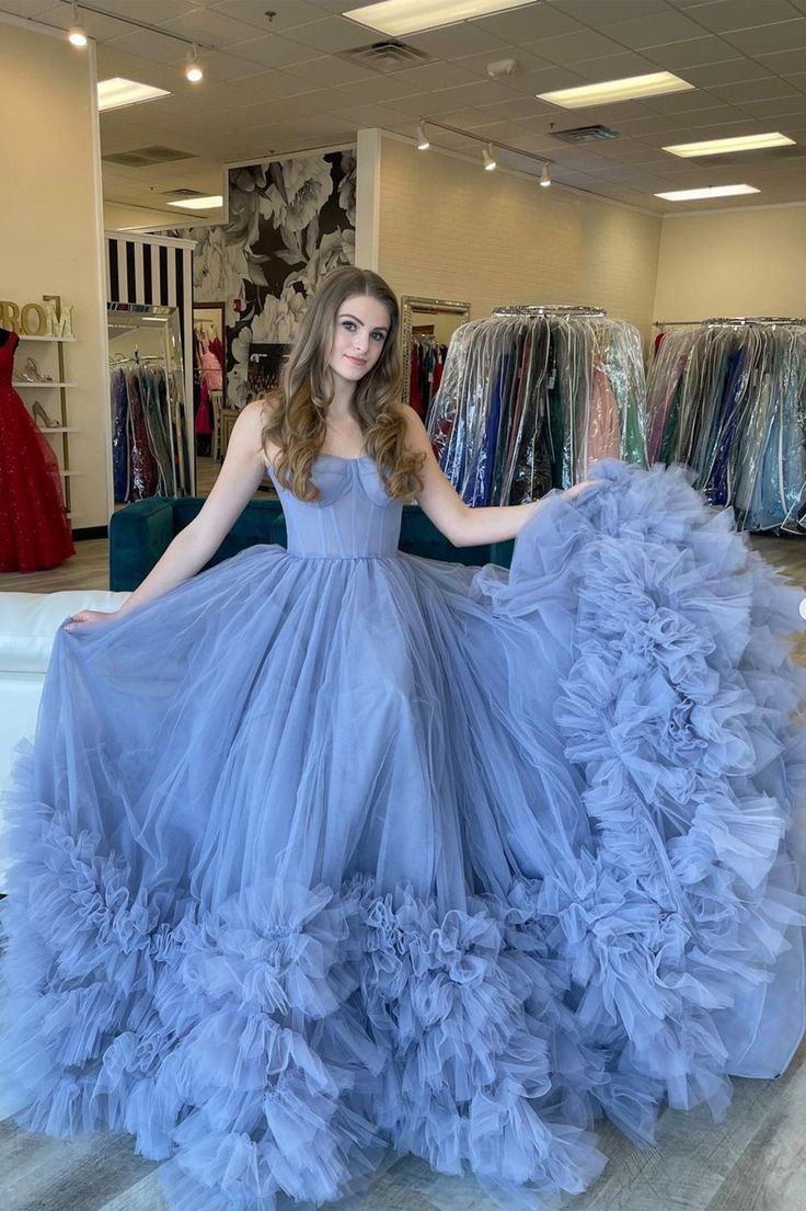 Blue Strapless Tulle Long Formal Dresses, Blue A-Line Evening Dresses   cg24986