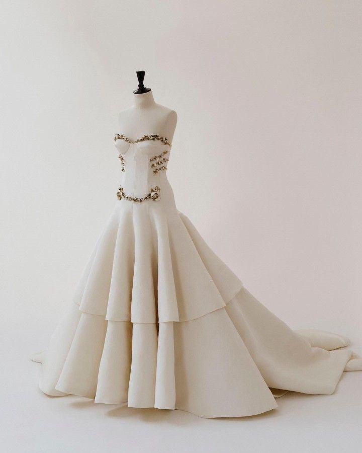 formaldressy-Ivory and Gold Beaded Long Layered Floor-Length Wedding Dress with Train gh5389