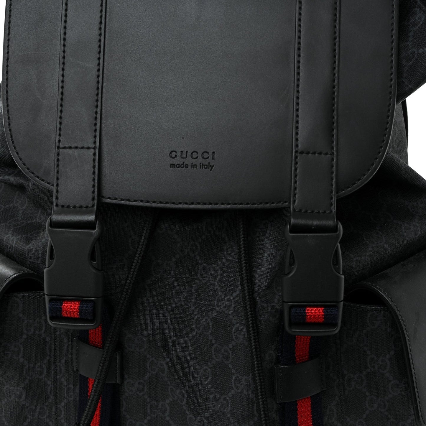 Soft GG Supreme Monogram Calfskin Web Double Buckle Backpack Black