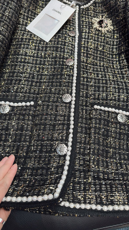 CC 25 Catwalk Style Custom Gold Woven Woolen Pearl Trim Black Coat