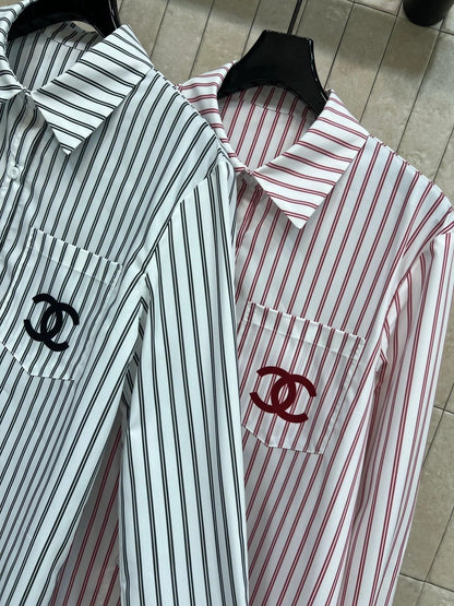 Chanel 2026 Logo Embroidered Striped Shirt Pink and Black Cotton 355062