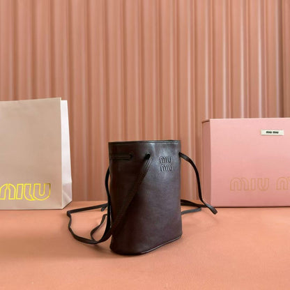 Miu Bucket Bag 14cm Coffee Grain Leather