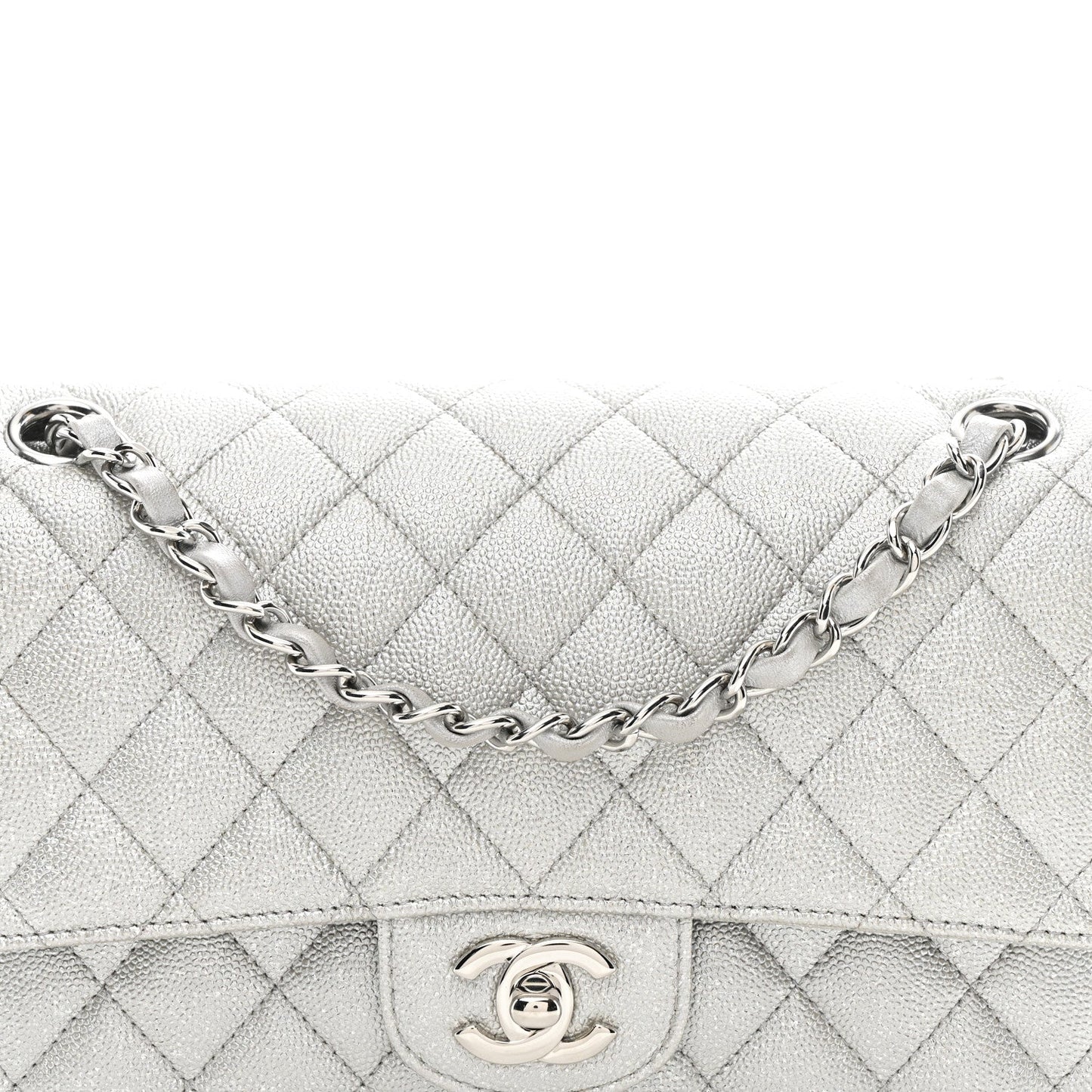 Glittered Metallic Caviar Quilted Medium Double Flap Silver