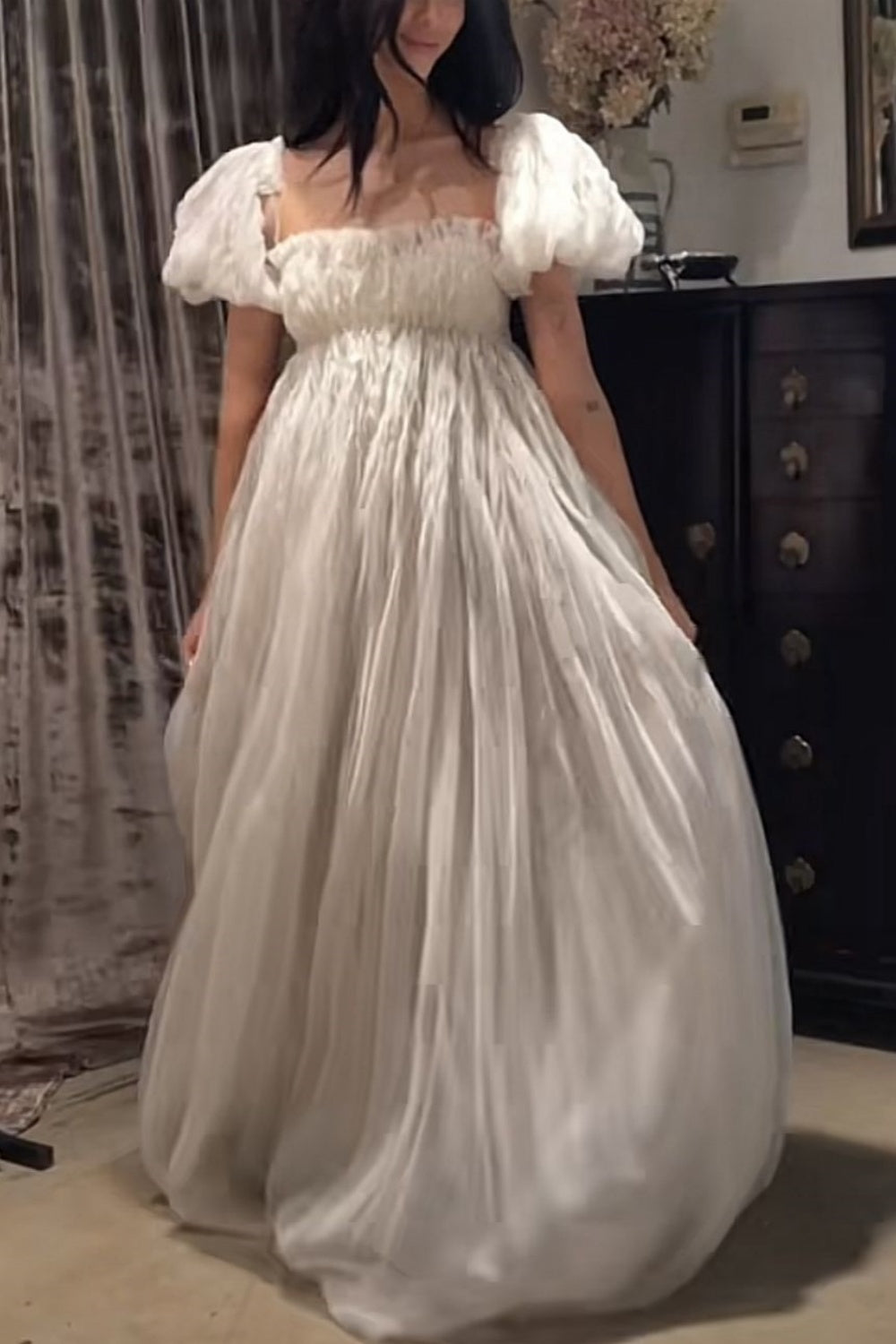 formaldressy-Short-Sleeved Dress White Simple Casual Retro Fashion Long Prom Dress Artistic Puff Sleeve Maternity Dress gh5852
