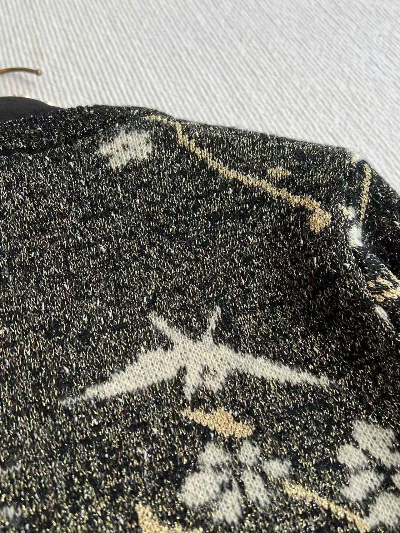 CC Sweater in Navy Blue Gold Wool and Metal Film