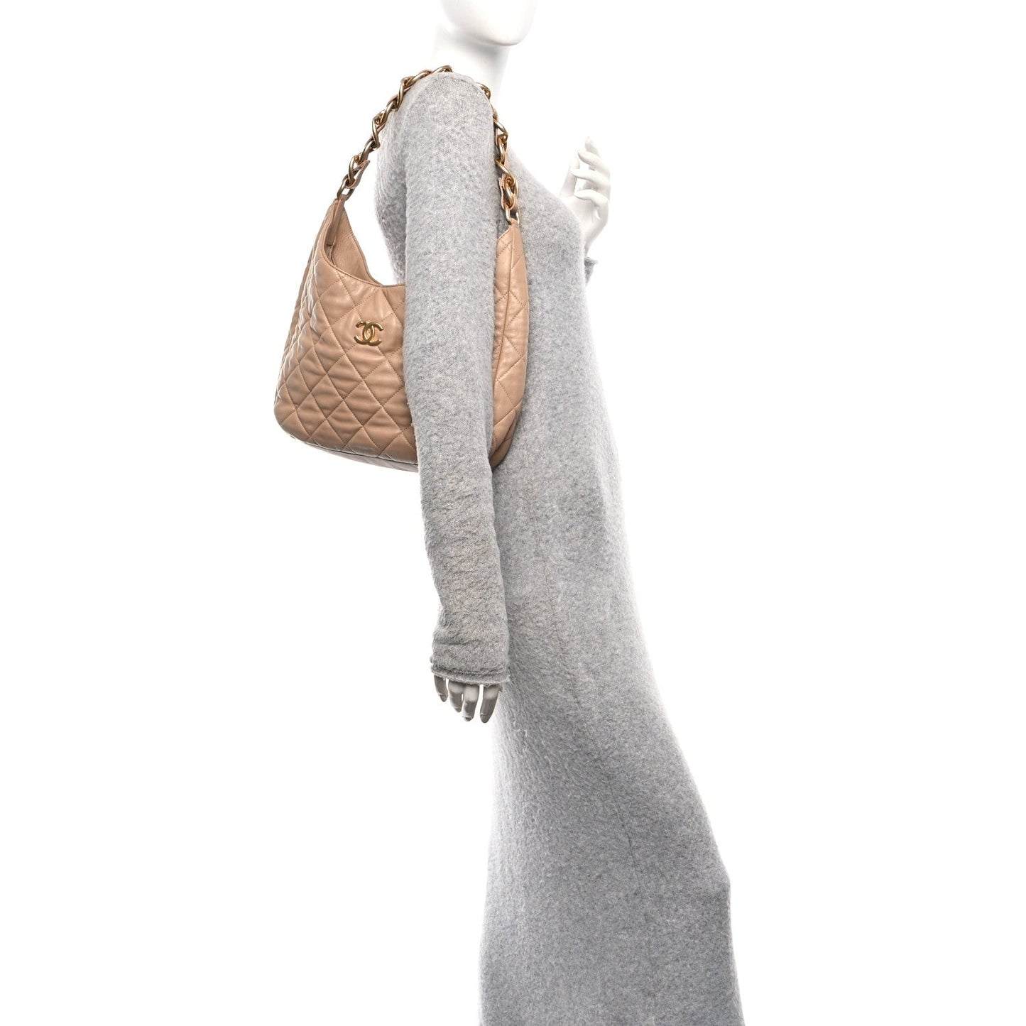 Lambskin Quilted Large CC Funky Town Hobo Beige