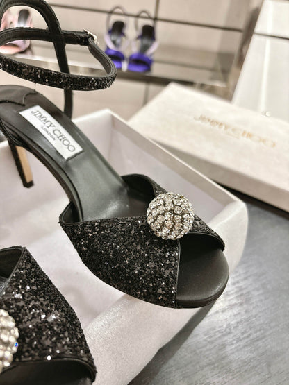 Jimmy Choo Sacora Crystal Sandal 65 Black Cowhide 597659