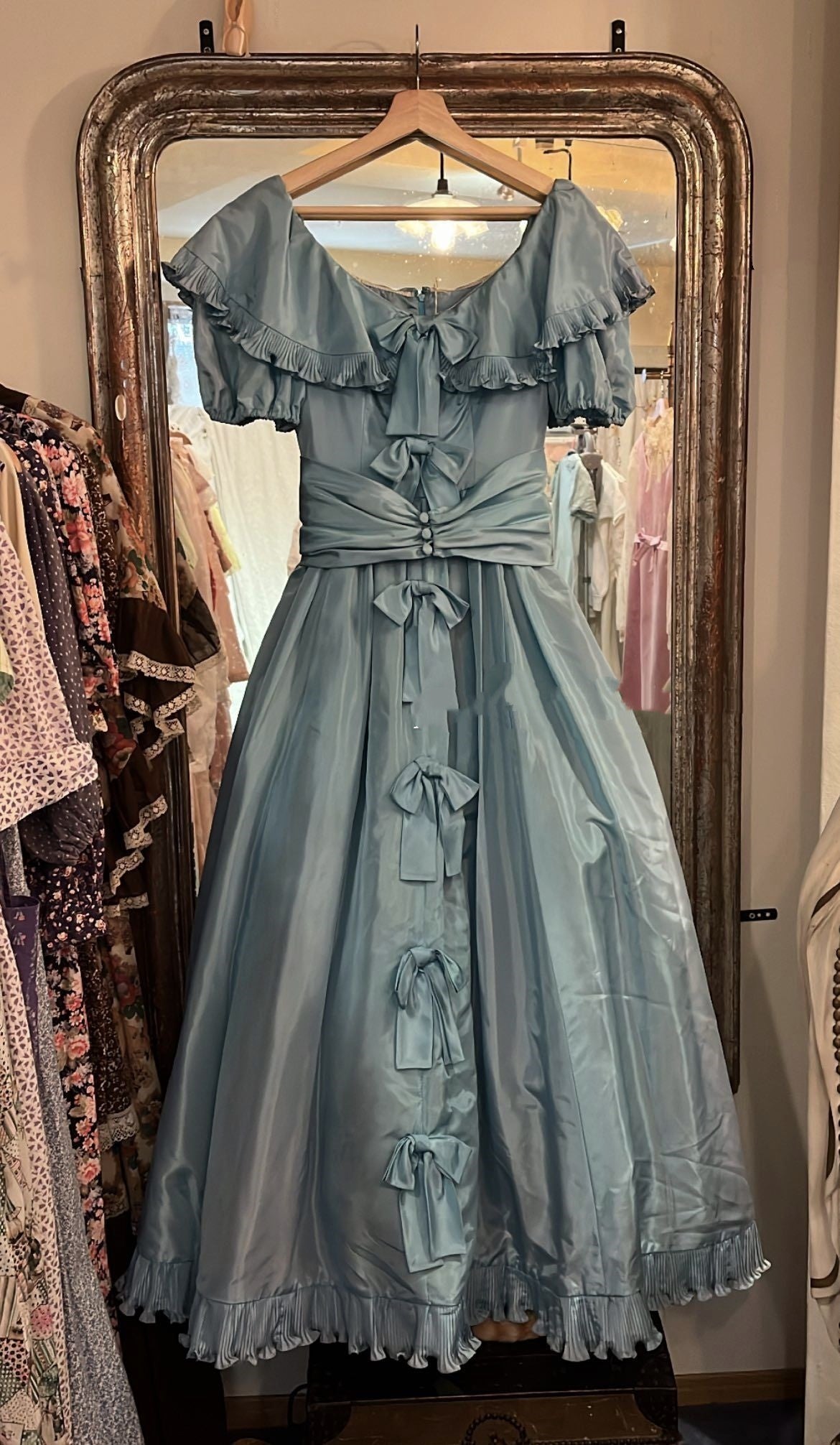 formaldressy-- Blue bow vintage long satin dress gh5725