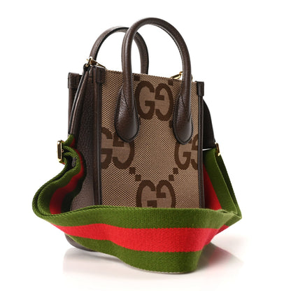 Monogram Jumbo GG Textured Dollar Calfskin Web Mini Vertical Tote Camel Ebony New Acero