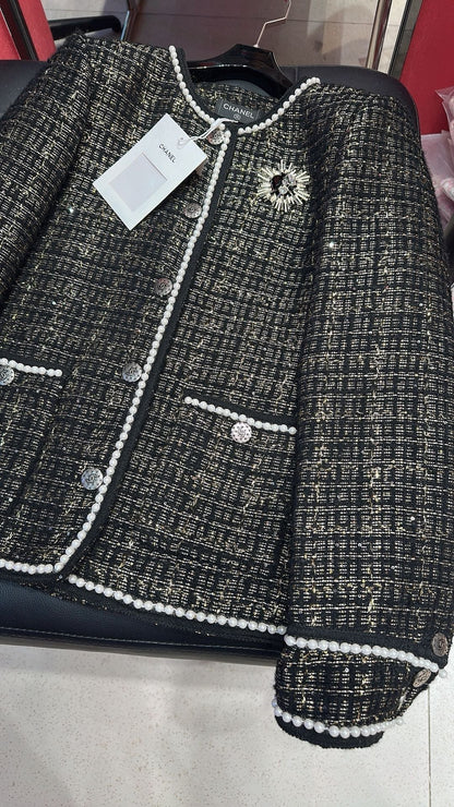 CC 25 Catwalk Style Custom Gold Woven Woolen Pearl Trim Black Coat