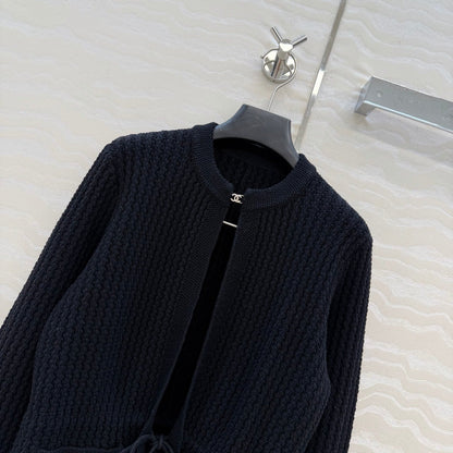 Chanel 26c Rhinestone Buckle Belt Cardigan Black Wool 333722