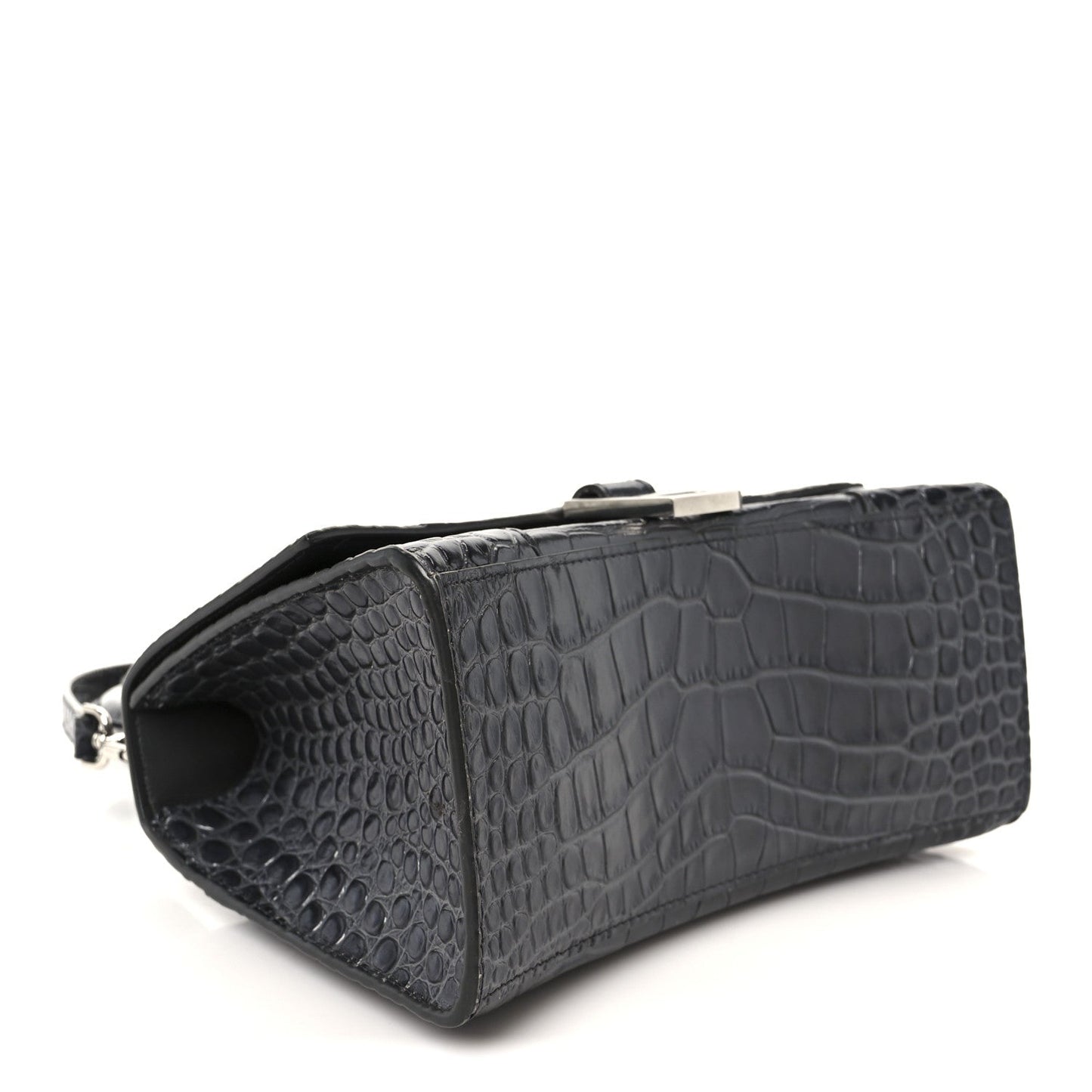 Shiny Calfskin Crocodile Embossed Small Hourglass Top Handle Bag Dark Grey