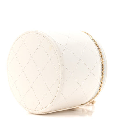 Lambskin Quilted Round Small Vanity Case With Chain White Black