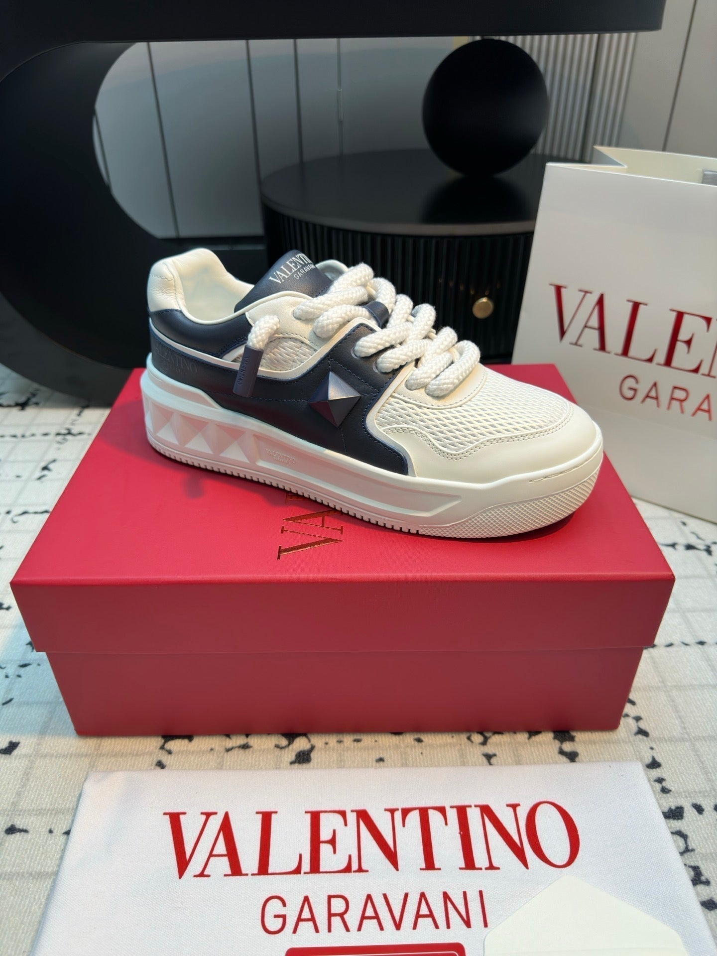 One Stud Xl Trainer In White Mix Black Nappa Leather And Mesh Fabric 824988