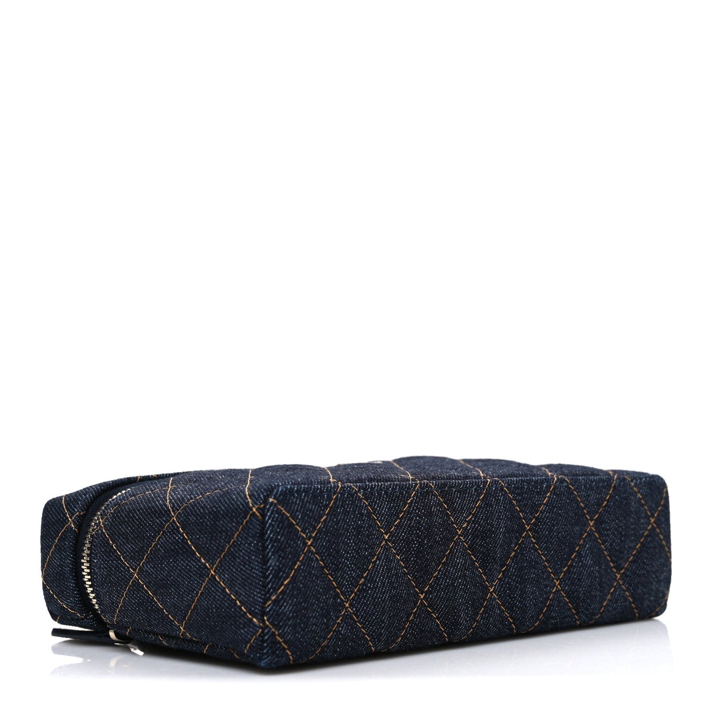 Denim Quilted Top Handle Slim Vanity Case With Chain Blue Orange