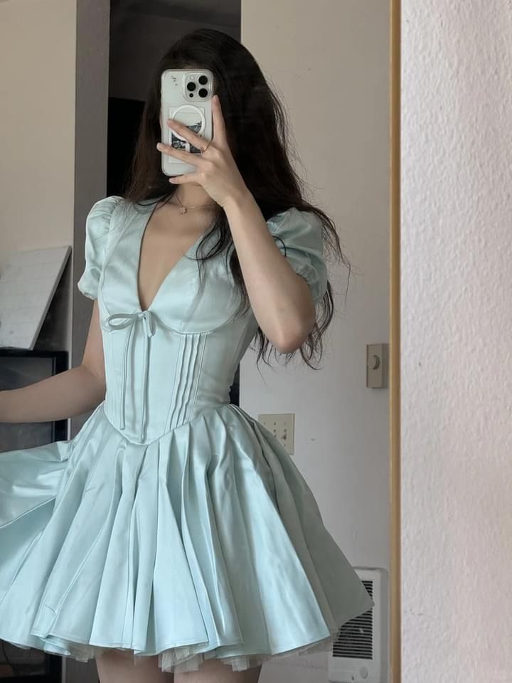 formaldressy-Blue Sweet Fashion V-Neck Short Satin Homecoming Dress Birthday Party Dress gh5249