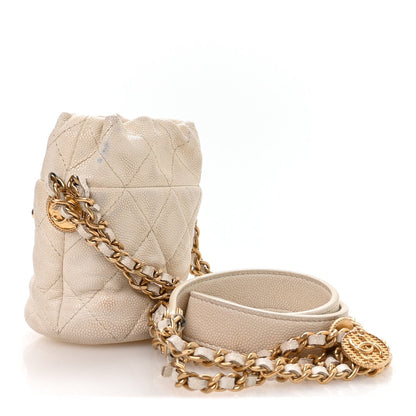 Caviar Quilted Twist Your Buttons Mini Bucket Bag White