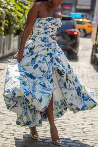 formaldressy-Blue And White Floral Long Satin Chiffon Ball Gown Graduation Dress gh5927