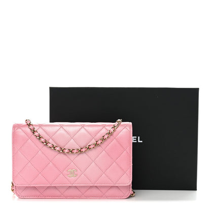 Iridescent Calfskin Quilted Wallet On Chain WOC Rose Pink