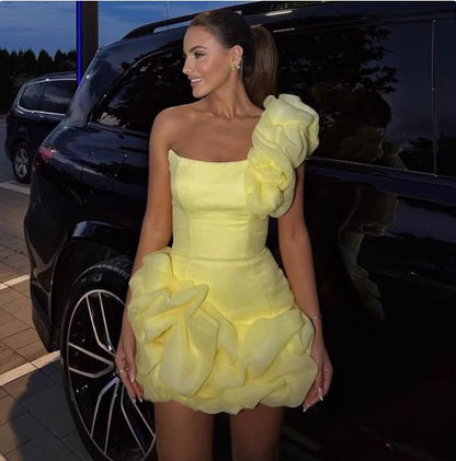 formaldressy-Yellow one-shoulder fashion sweet bud skirt short chiffon homecoming dress birthday dress gh5269