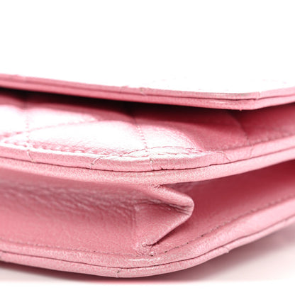 Iridescent Calfskin Quilted Wallet On Chain WOC Rose Pink