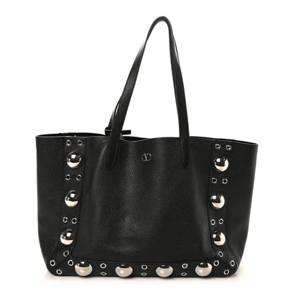 Grainy Calfskin Studded Medium Nellcote Shopping Tote Black