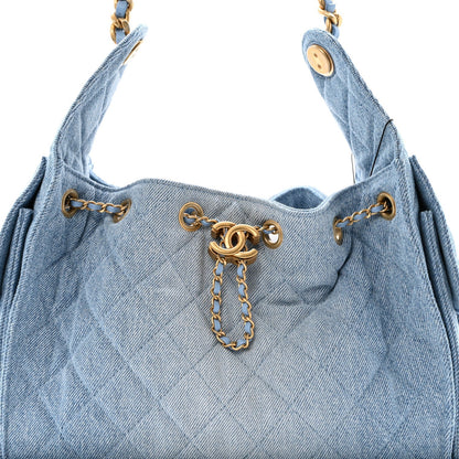 Washed Denim Quilted Small Chanel 25 Handbag Blue