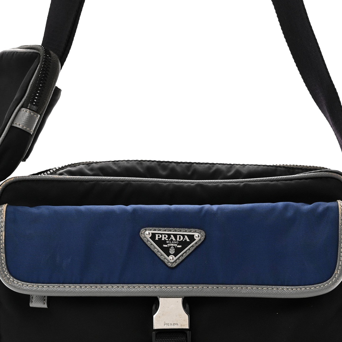 Tessuto Nylon Saffiano Pocket Single Snap Buckle Messenger Flap Bag Black Bleuette Marmo