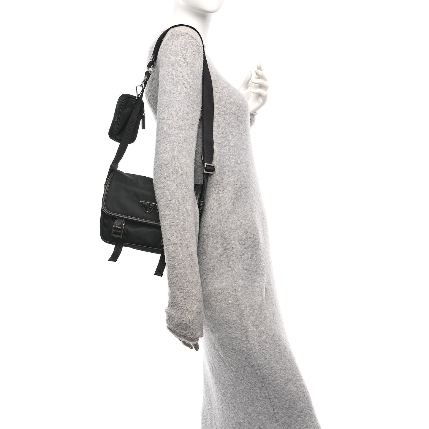 Re-Nylon Saffiano Pocket Double Snap Buckle Messenger Shoulder Bag Black