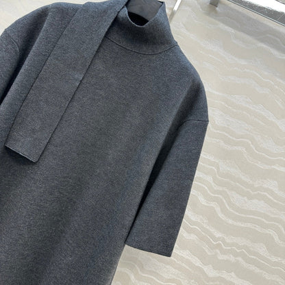 The Row High-End Wool Short-Sleeved Dress With a Ribbon Scarf Gray Wool 304590