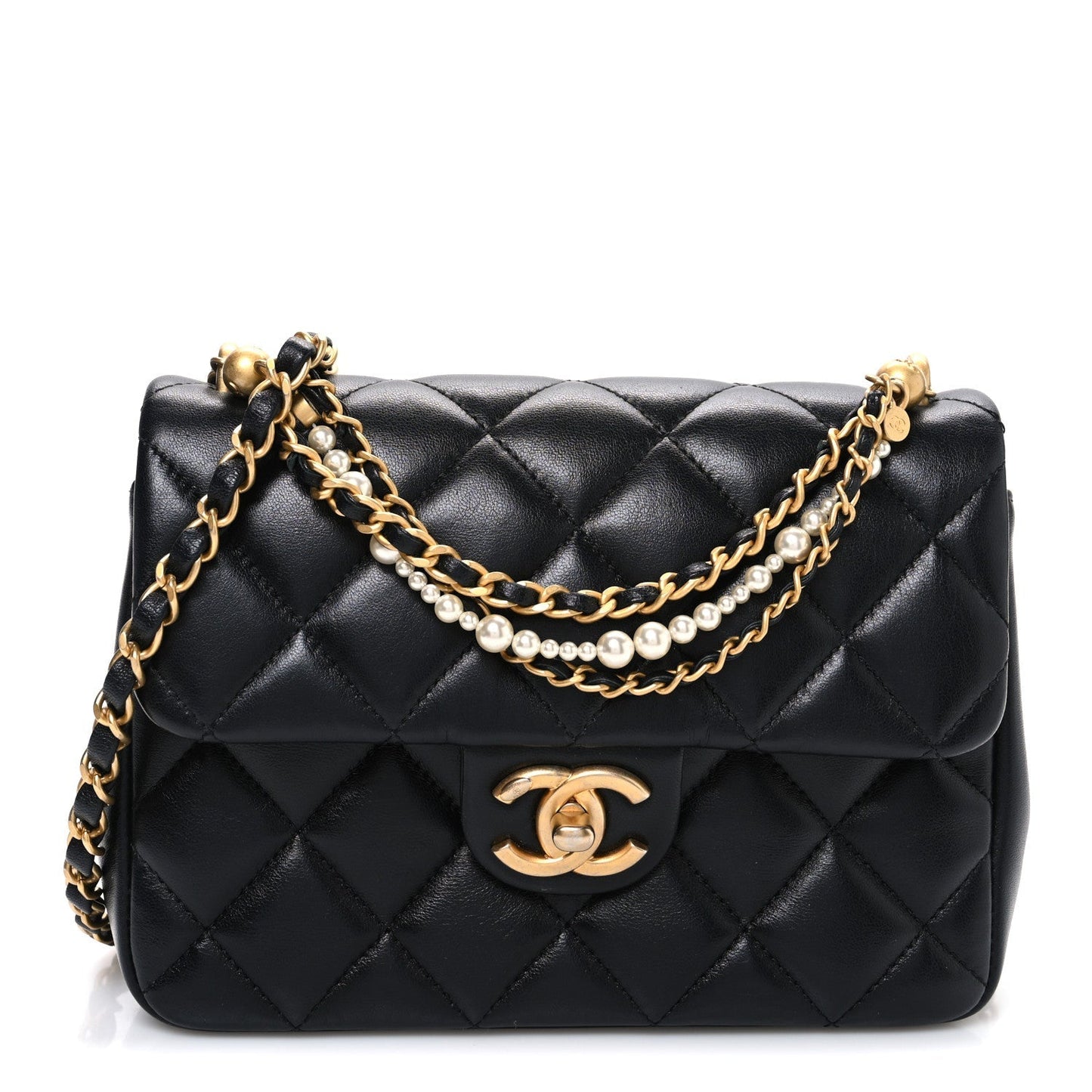 Shiny Lambskin Quilted Pearl Twist Mini Square Flap Black