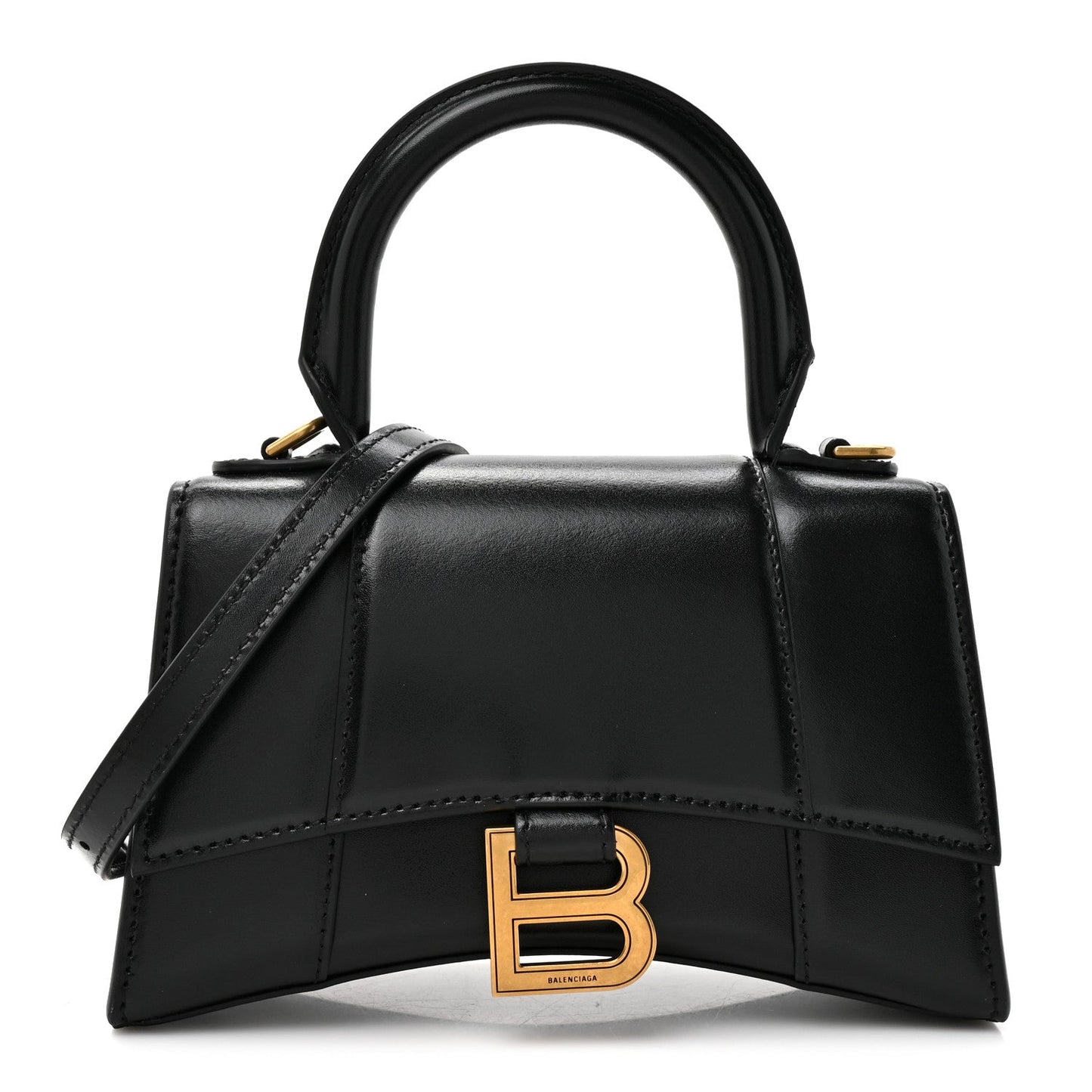 Shiny Box Calfskin Hourglass Top Handle Bag XS Black