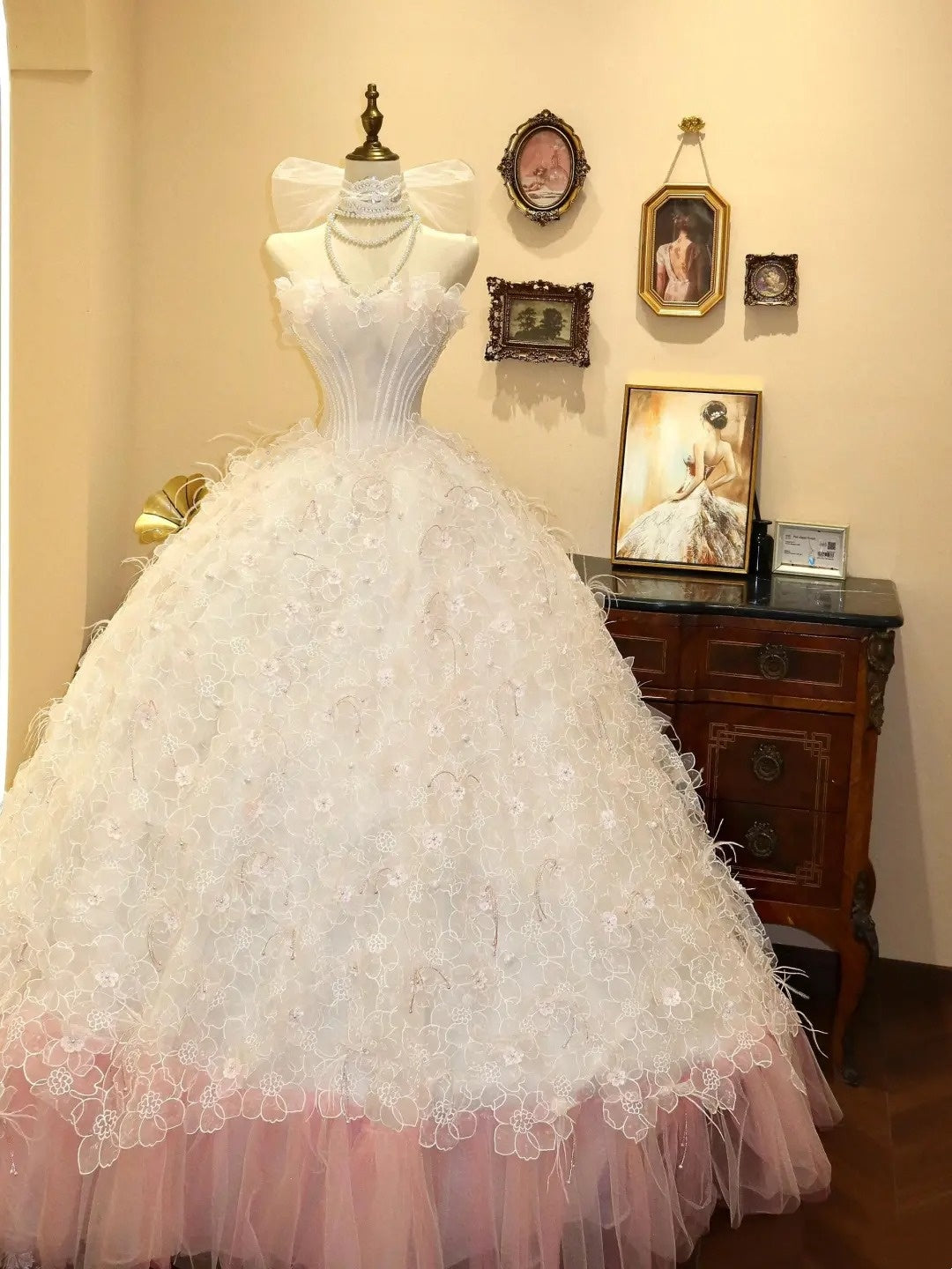 formaldressy-Dreamy Princess Style White Tulle Pink - Lined 3D Floral Strapless Floor - Length Wedding Dress gh5881