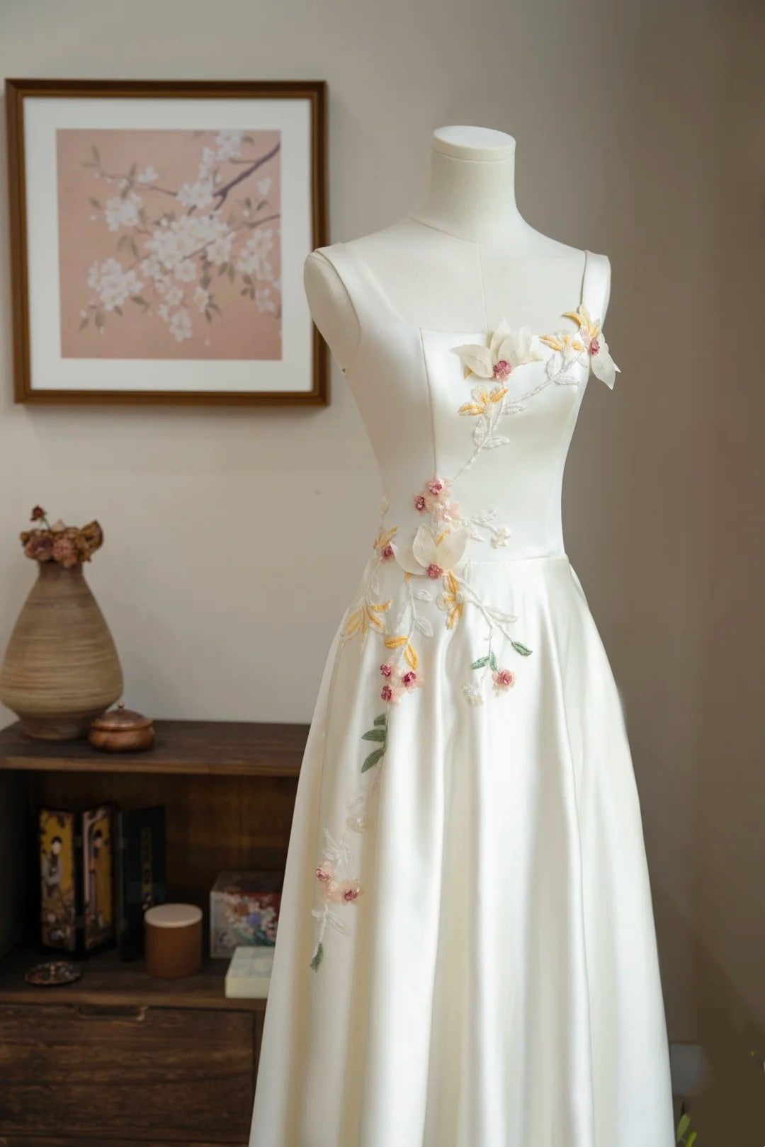 formaldressy- Vintage Beige 3D Floral Embroidered Square Neck Midi Chinese Style Evening Gown gh6037