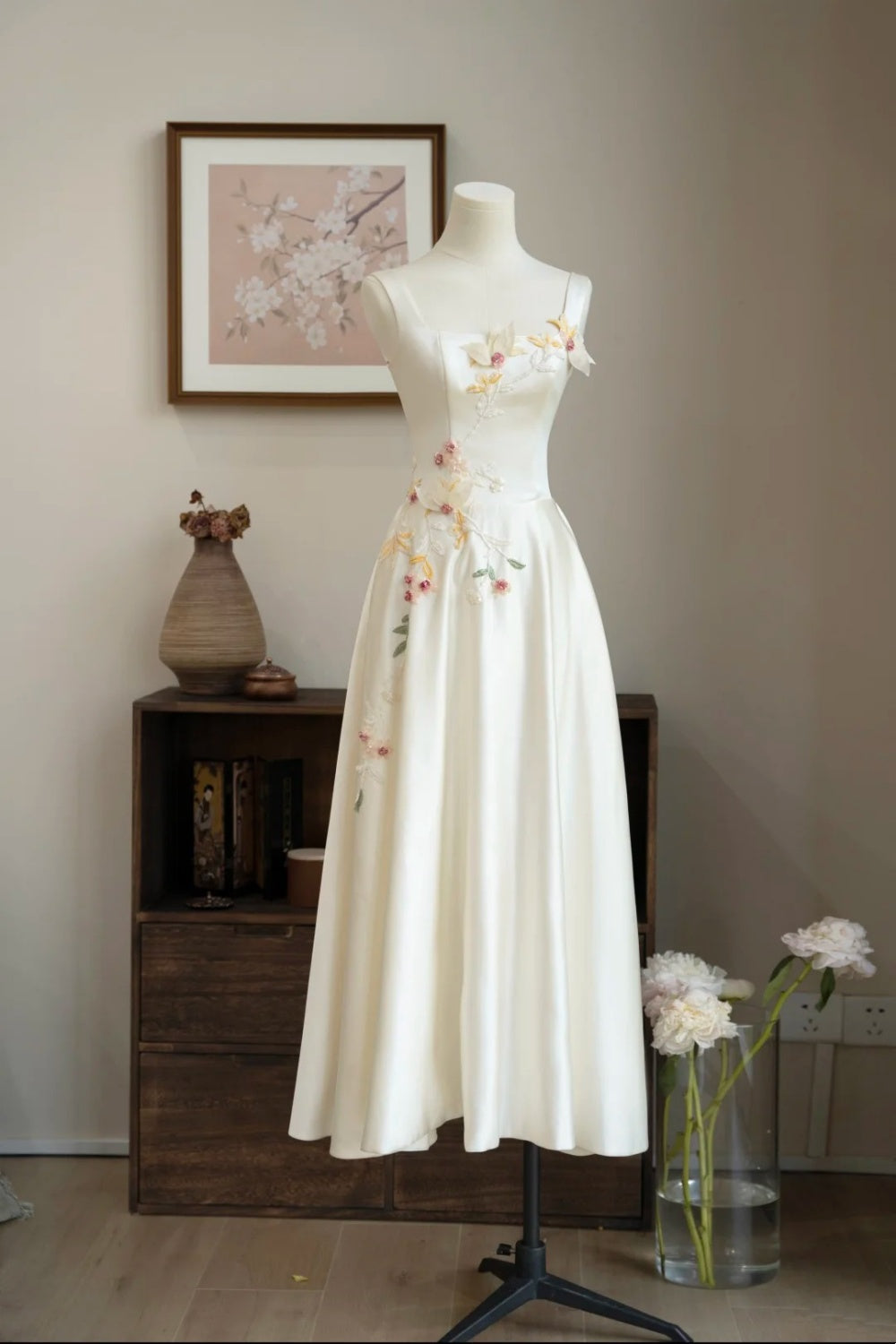 formaldressy- Vintage Beige 3D Floral Embroidered Square Neck Midi Chinese Style Evening Gown gh6037