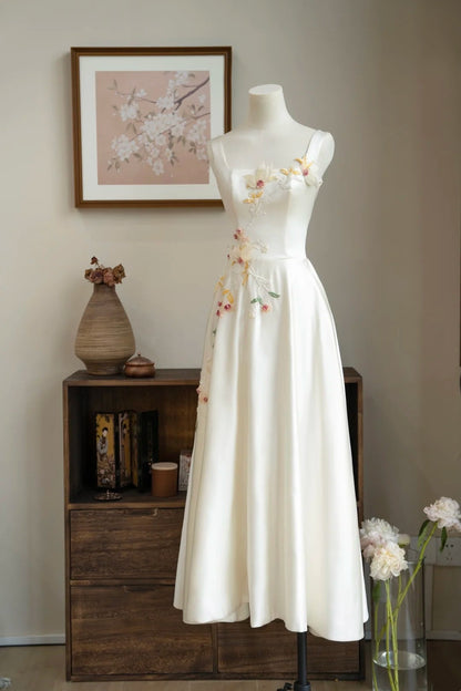 formaldressy- Vintage Beige 3D Floral Embroidered Square Neck Midi Chinese Style Evening Gown gh6037